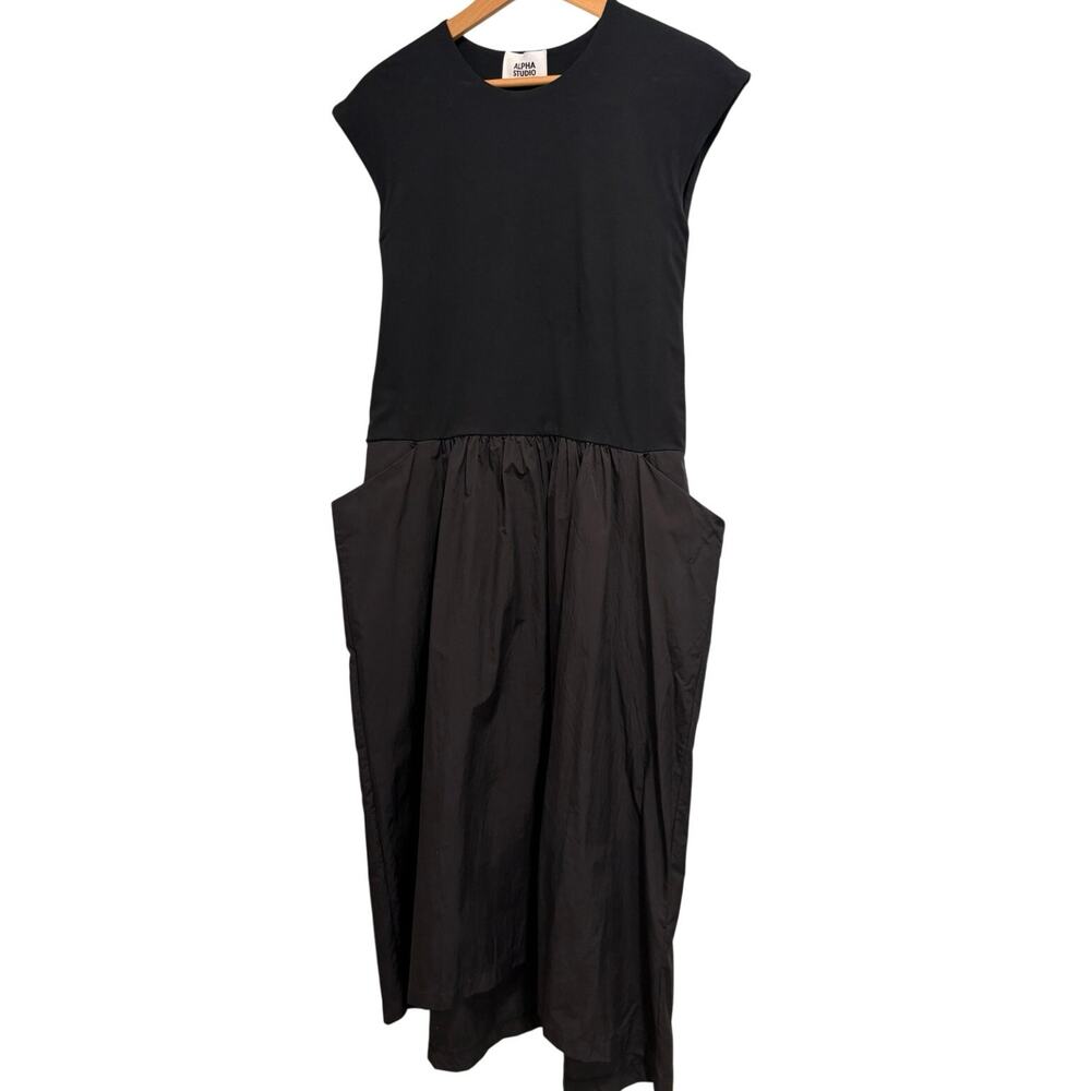 Alpha Studio Black Mixed Media Midi Dress Cotton knit & Taffeta appx Size 8